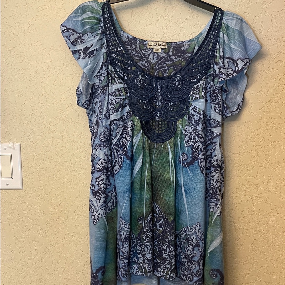 Live and Let Live Blue and Green Blouse with Crochet Detail